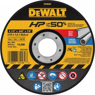 Disco de corte 115 mm x 1 mm x 22,23 mm, alta performance para metal e inox, DW8062, DEWALT