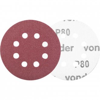 Disco de lixa com costado em pluma 125 mm, gr�o 80, com  8 furos, embalagem com 10 pe�as, VONDER
