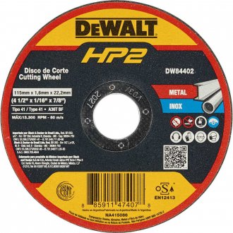Disco de corte 115 mm x 1,6 mm x 22,23 mm, DW84402 HP2 DEWALT