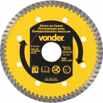 Disco de corte diamantado, 115 mm x 22,2 mm, turbo, para esmerilhadeira, VONDER