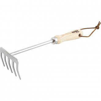 Ancinho para jardim em a�o inox, com 5 dentes, cabo em madeira, VONDER PLUS