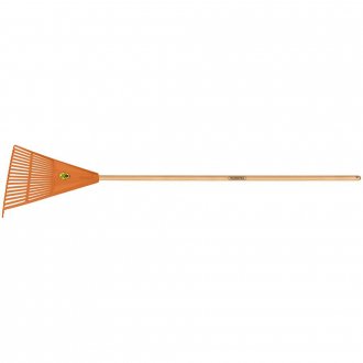 Vassoura pl�stica para jardim com 22 dentes, cabo em madeira 120 cm, laranja, 77850781 TRAMONTINA