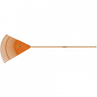Vassoura pl�stica para jardim com 26 dentes, cabo em madeira 120 cm, laranja, 77850781 TRAMONTINA