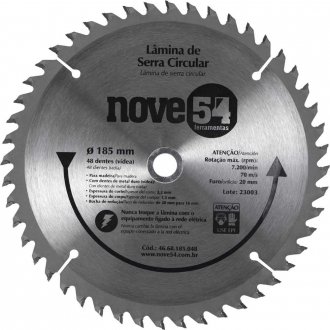L�mina de serra circular com dentes de metal duro/v�dea, 185 mm x 20 mm, 48 dentes, NOVE54