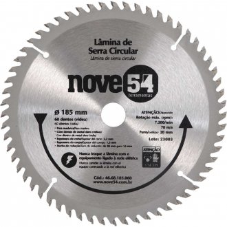 L�mina de serra circular com dentes de metal duro/v�dea, 185 mm x 20 mm, 60 dentes, NOVE54