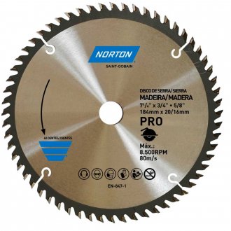 L�mina de serra circular, 184 mm, furo 20 mm/16 mm, 60 dentes, 70184632475 NORTON