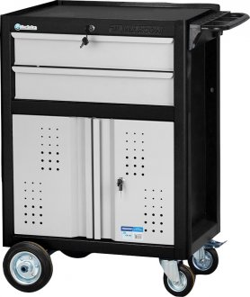Carro para ferramentas, 60 cm x 40 cm x 86,4 cm, fechado, com 2 gavetas, 2 portas, 330 kgf, Preto com cinza, CR-39B, MARCON