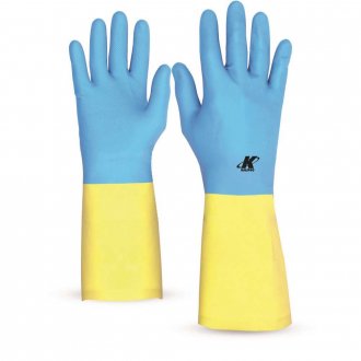 Luva de l�tex/neoprene, com forro, Tamanho P, amarela e azul, KALIPSO