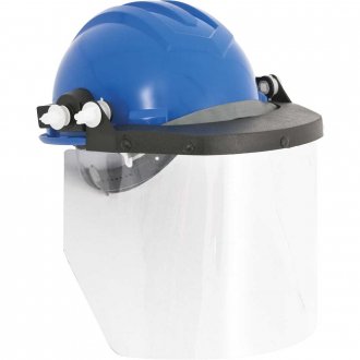 Capacete azul com aba frontal e protetor facial, LEDAN