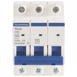 Mini disjuntor 3 polos, 63 A, 3 kA, TDJ6, 58013111 TRAMONTINA ELETRIK